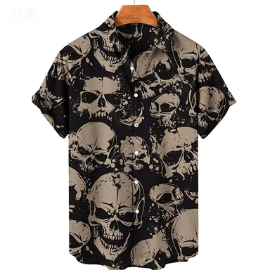 Ink Splattered Vintage Skull Printed Short Sleeved Shirt Japanese Style Dark Harbor Style Cardigan