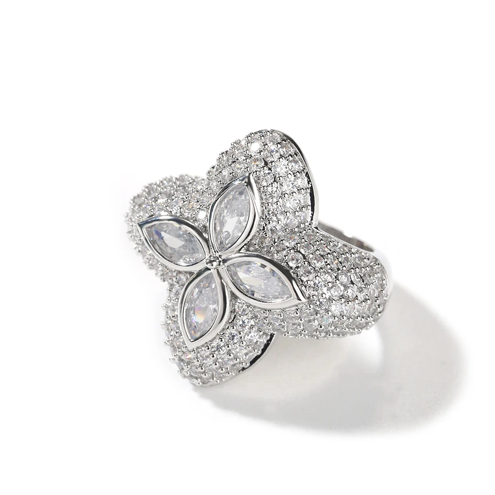 THE BLING KING Clover Flower Rings Micro Paved Out Green Cubic Zirconia Punk Ring Hiphop Jewelry For Men Women Party Gift