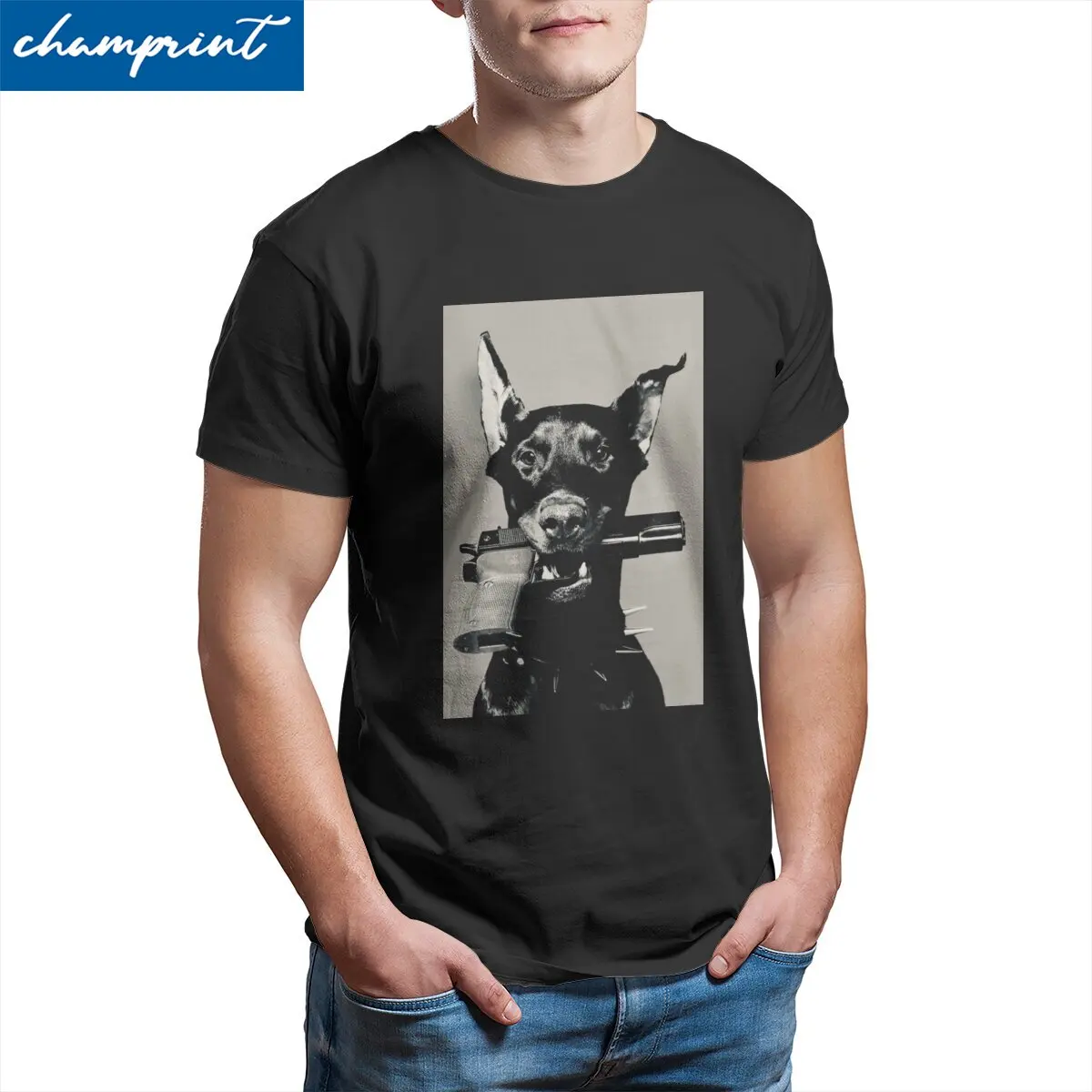 Doberman Holding Pistol T Shirts for Men 100% Cotton Novelty T-Shirt Round Neck  Tees Short Sleeve Clothes 4XL 5XL