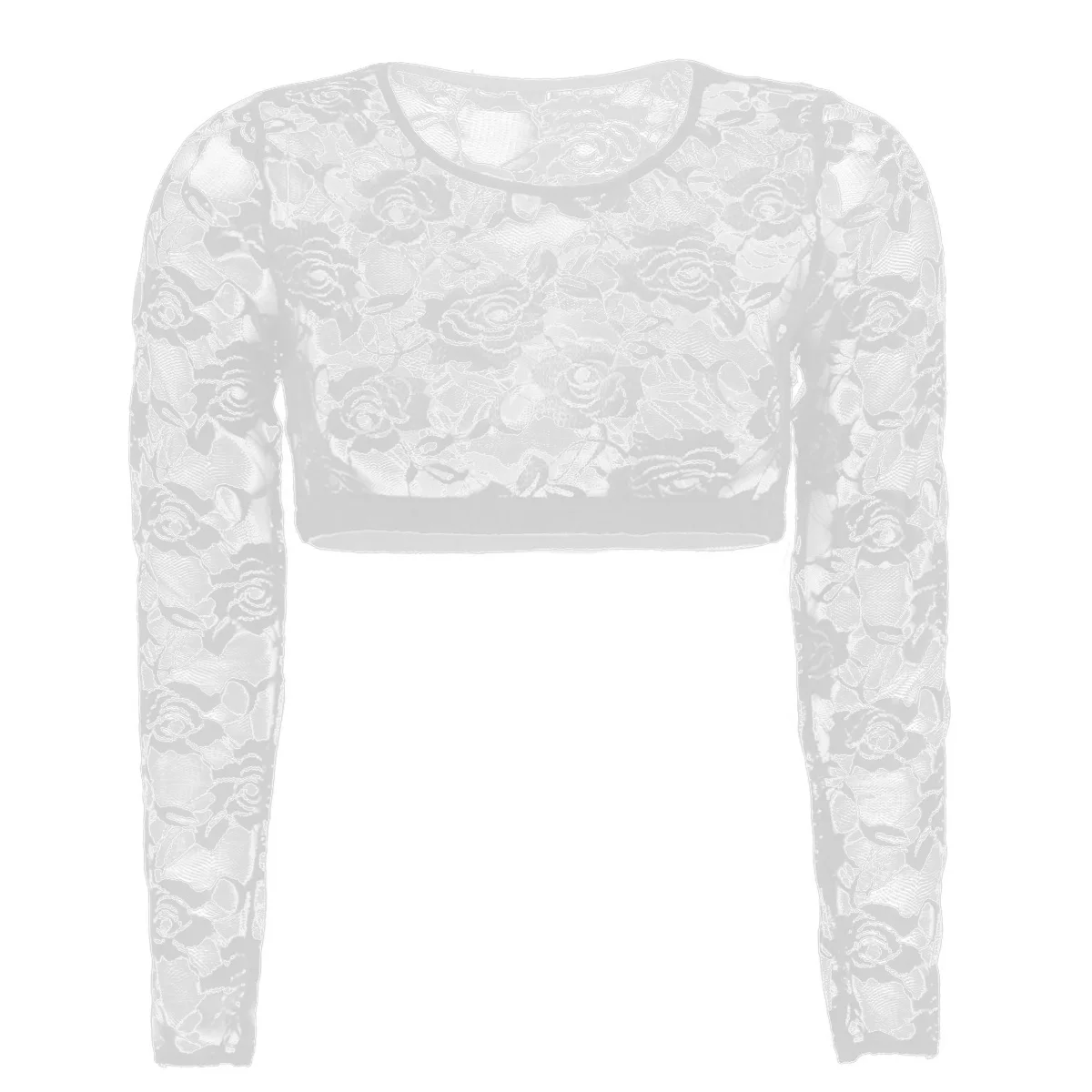 Mens Exotic Floral Lace Crop Top Casual Wear Male Sheer Scoop Neck See Through Long Sleeves T-shirt for Theme Party Cosplay Club