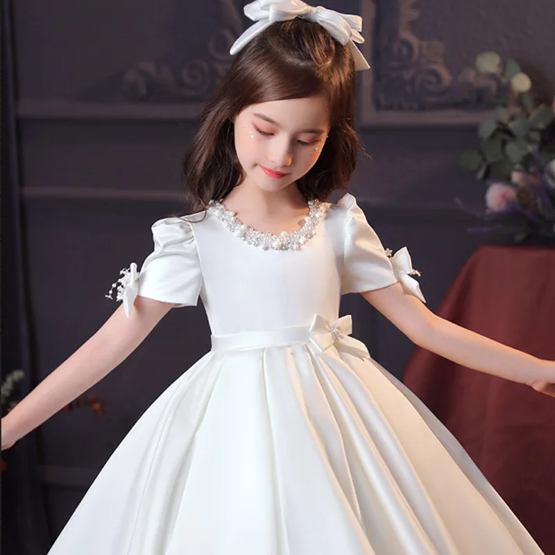 Little Girls White CeremonY Communion Dress Kids Birthday Party Ball Gown Girls School Piano Performance Dresses Fromal Beaded