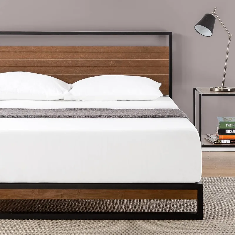 Suzanne 37 Inch Bamboo and Metal Platform Bed Frame Only, Solid Steel Construction, No Box Spring Needed，Full