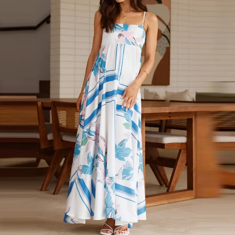 

LIBIELIY Casual Sleeveless Hight Waist Loose Long Dress Women Fashion Print Swing Party Dress Elegant Off Shoulder Bohe Suspend