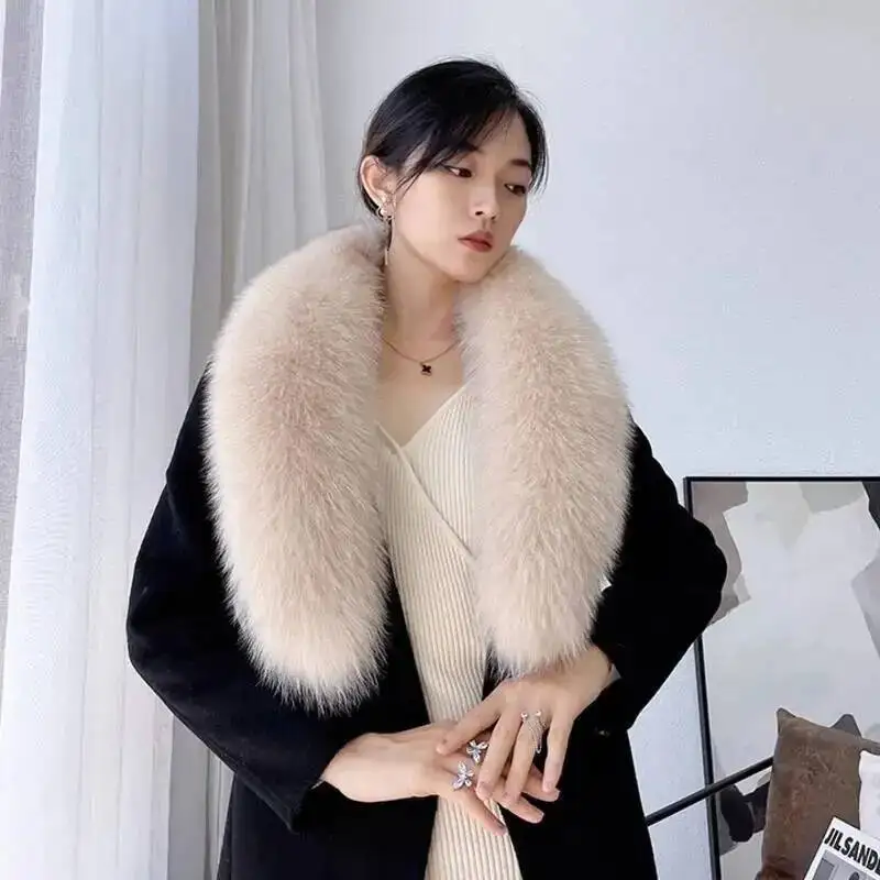 Quality Natural Fox Fur Collar Winter Hood Trims Decor Shawl Women Warm 100% Furry Scarf Big Size Shawl Luxury Female Scarves