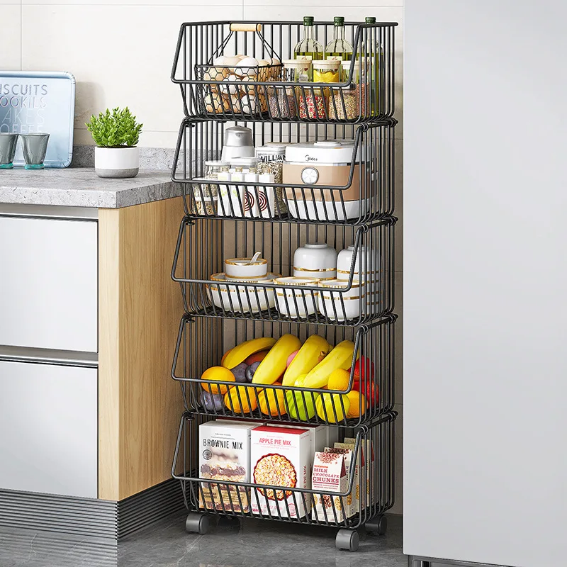 Kitchen Storage Rack, Floor to Floor, Multi-layer, Movable Household Cart, Fruit and Vegetable Basket, Snack Toy
