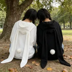 2025 Autumn Winter New Rabbit Extra Long Ears Hooded Sweatshirt Casual Loose Zipper Cardigan Hoodie Solid Zip Up Y2k Streetwear