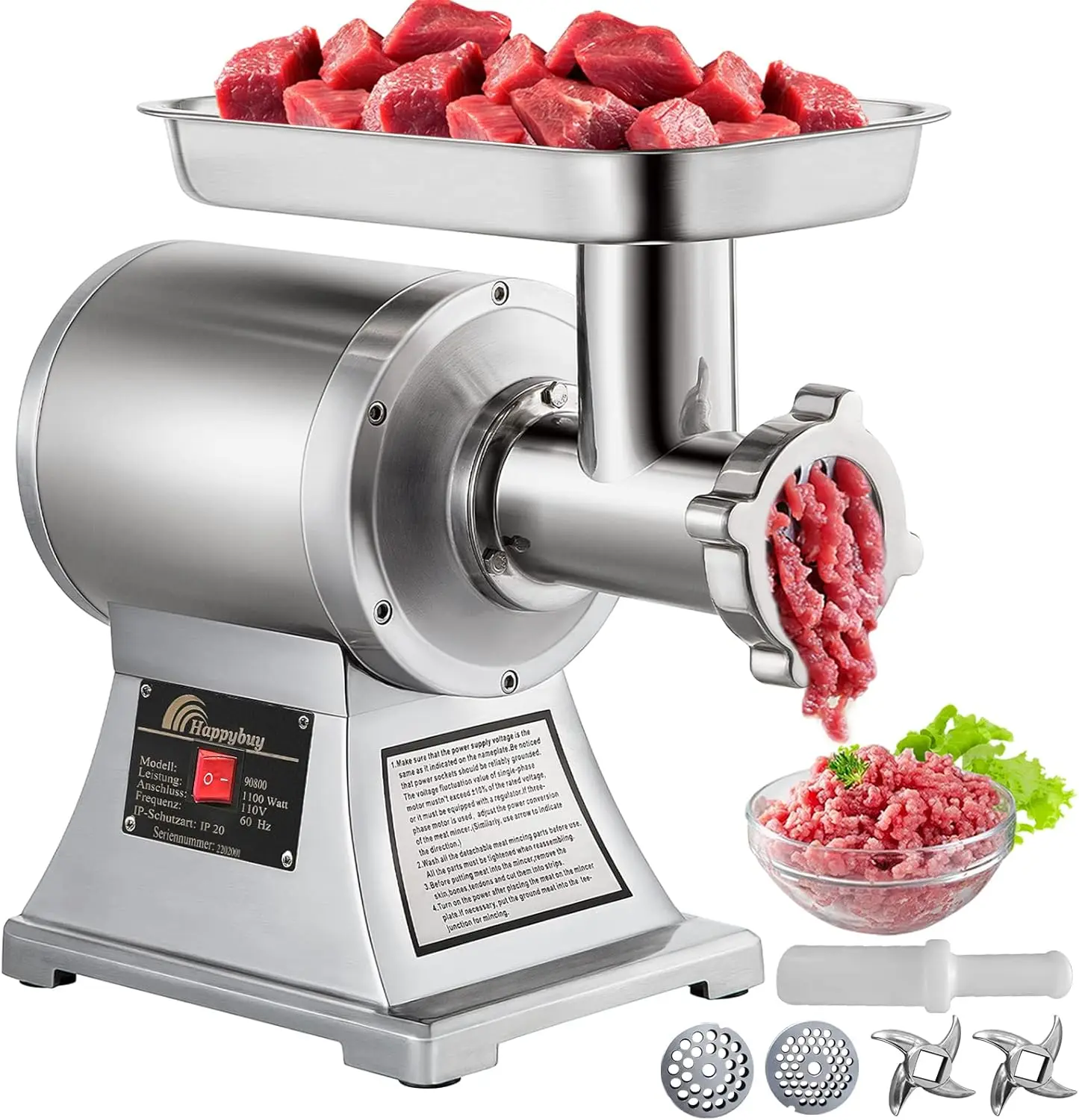 Commercial Meat Grinder,550LB/h 1100W, 220 RPM Heavy Duty Stainless Steel Industrial Meat Mincer w/2 Blades, Grinding Plates & M