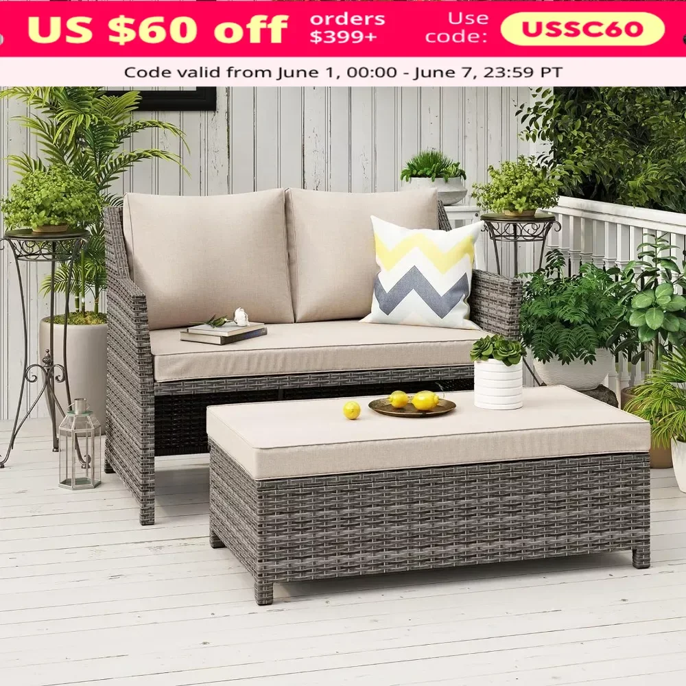 2-Piece Outdoor Patio Furniture, Wicker Love-seat and Coffee Table Set, with Built-in Storage Bin, Patio Furniture Set