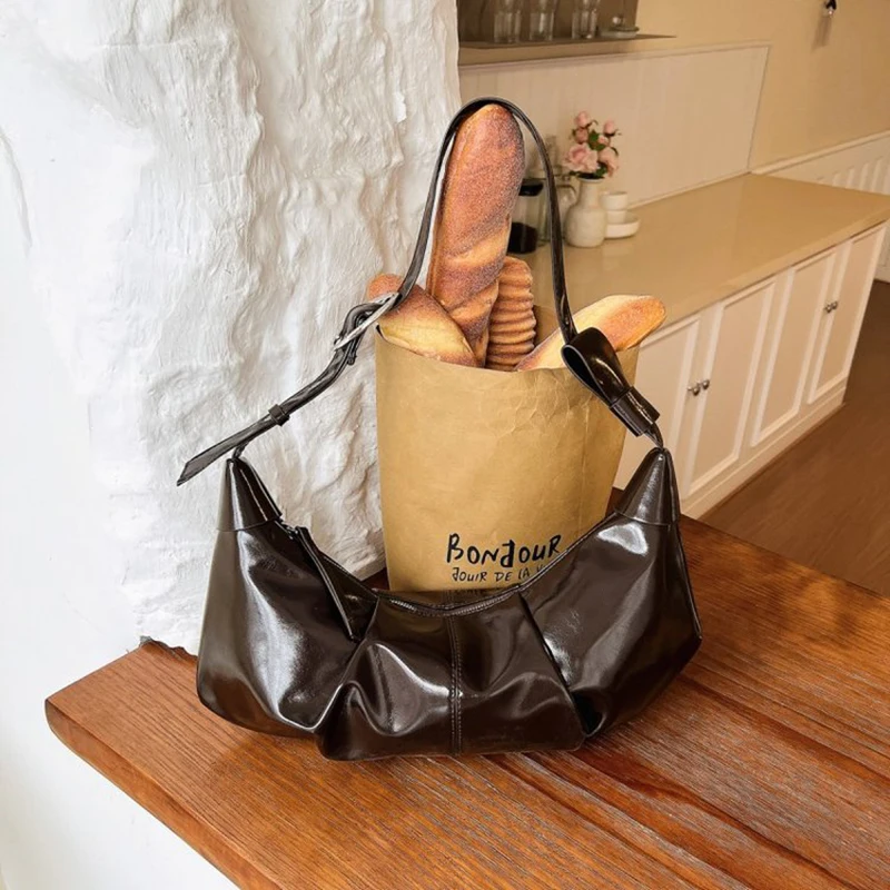 Women Vintage Pleated PU Leather Hobo Bag Decor Underarm Shoulder Bag Casual Daily Large Handbag Solid Color Crossbody Bags