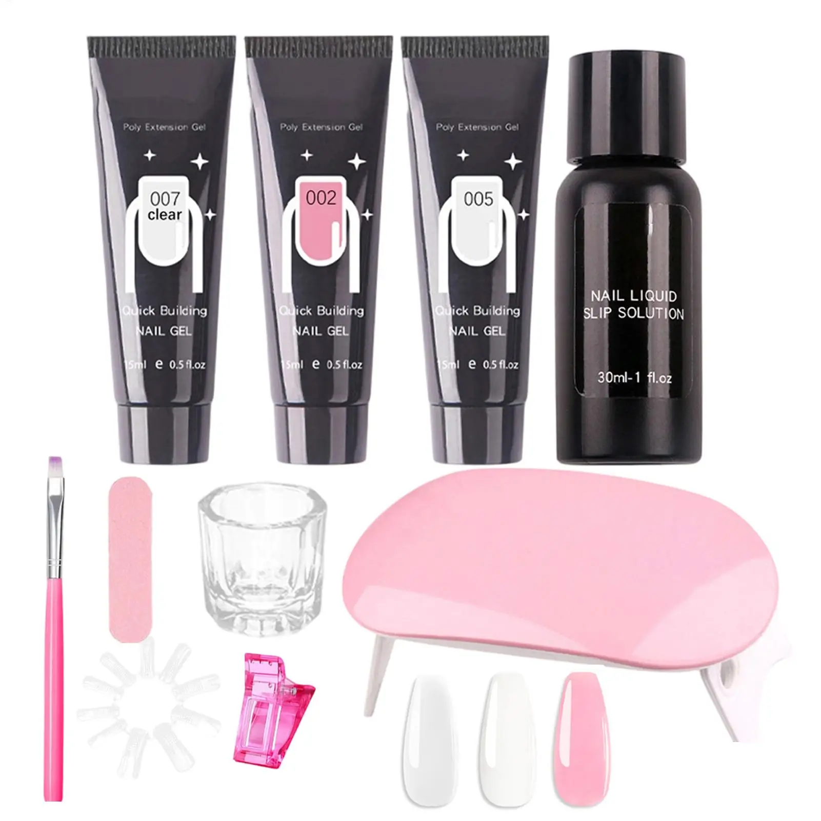 

Набор для наращивания ногтей: 10 гелей, формы для наращивания, кисть, гель для наращивания, гладящая жидкость, ручка для ногтей, кусачки для ногтей, типсы для ногтей