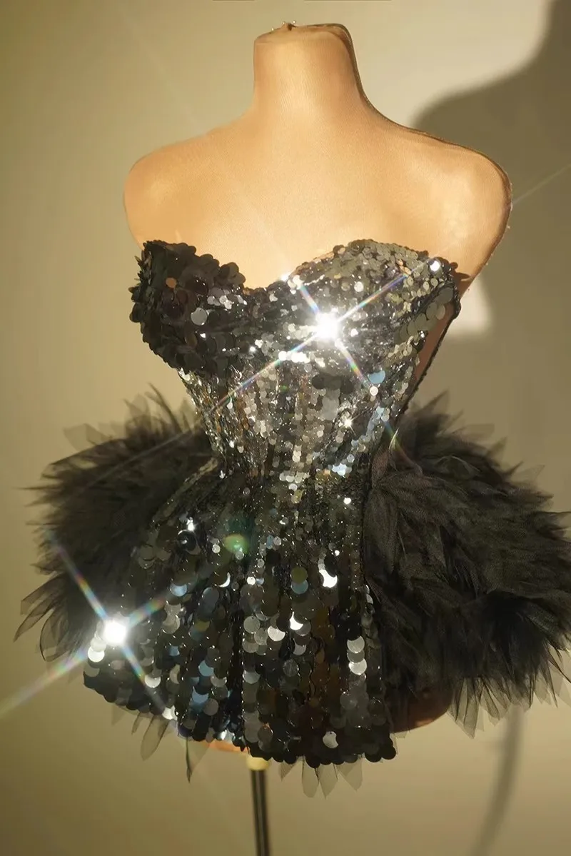 Robe de Soirée Courte Noire à Paillettes Brillantes pour Femme, Tenue Mini Maxi avec Volants en Tulle