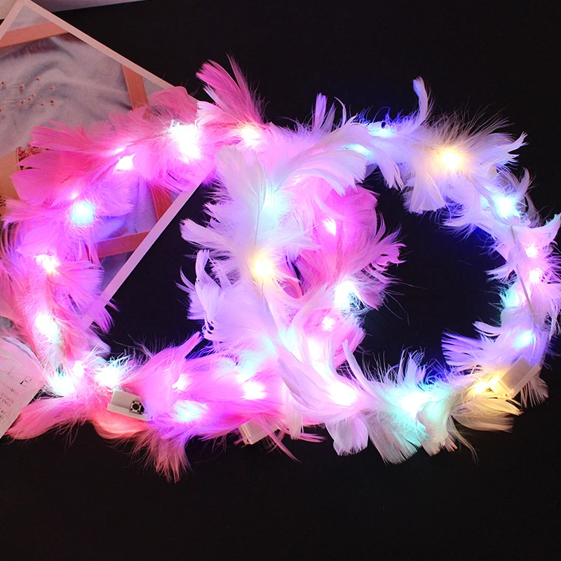 New Children's LED Light Angel Wreath Headband Light Up Feather Hair Accessories Funny Fairy Feather Garland Girls Birthday Gift