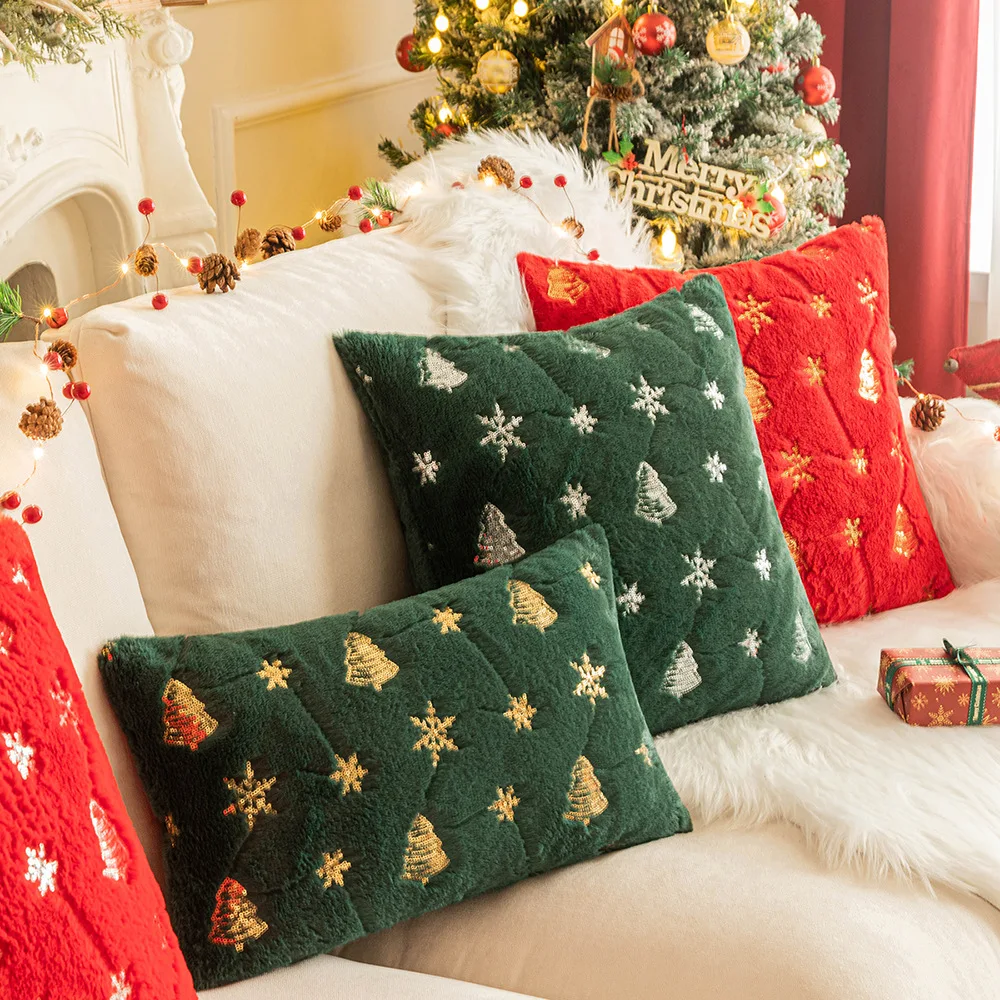 Sequin Christmas Tree Embroidery Pillowcase Snowflake Plush Pillowcase Christmas Ornament Gift Cushion Cover 30x50/45x45/50x50cm