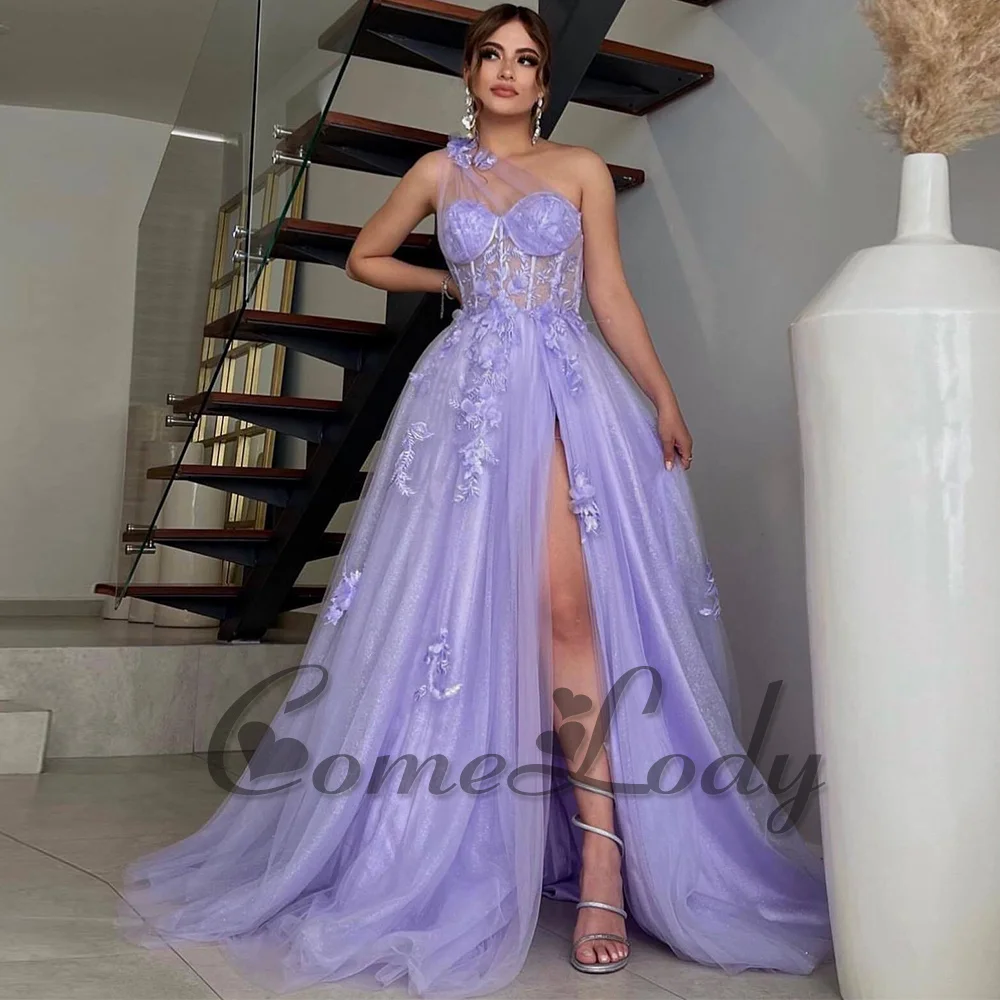 Comelody Charming Prom Dresses for Women Saudi Arabric One-Shoulder Appliques Illusion Side Slit Formal Gown Plus Custom Made