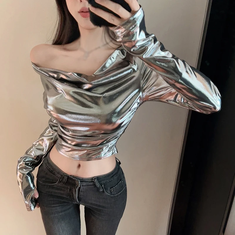 7093 Autumn Vintage Glossy Swing Neck Slim Sexy Crop Top Long Sleeve T-Shirt Top Silver L