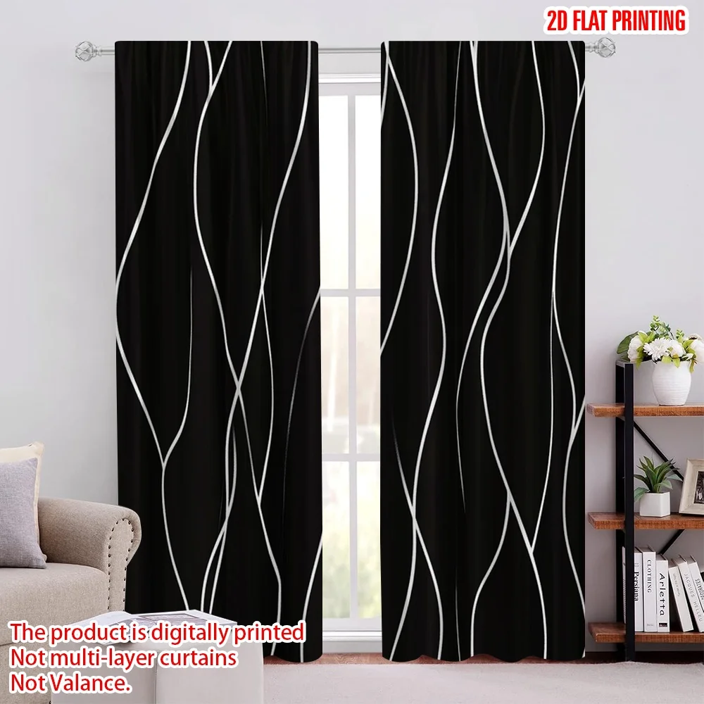 

2Pcs 2D Flat PrintingPrivacy Protect Curtains With Silver Wave Lines Pattern For Window Bedroom Living Room Bathroom Kitchen