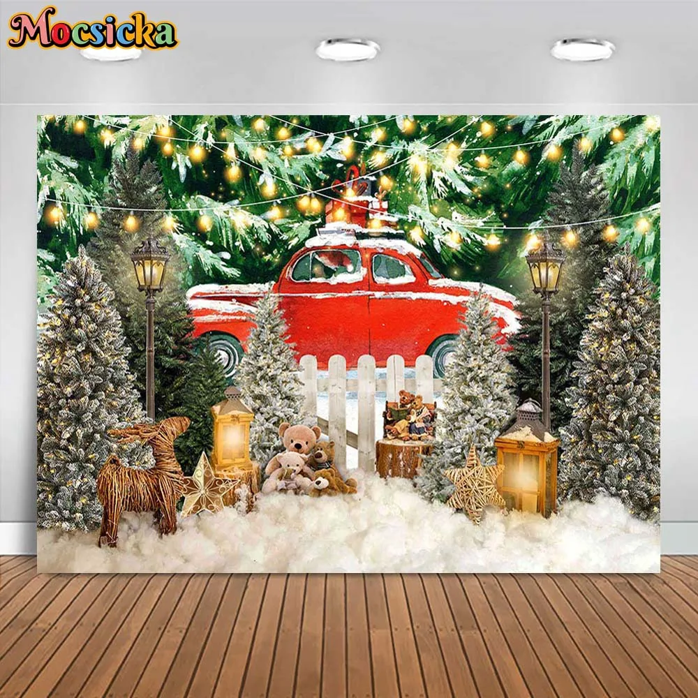 Mocsicka Winter and Christmas Background Red Car Snow Forest Xmas Tree Toy Baby Children Portrait Photo Backdrop Photocall Props