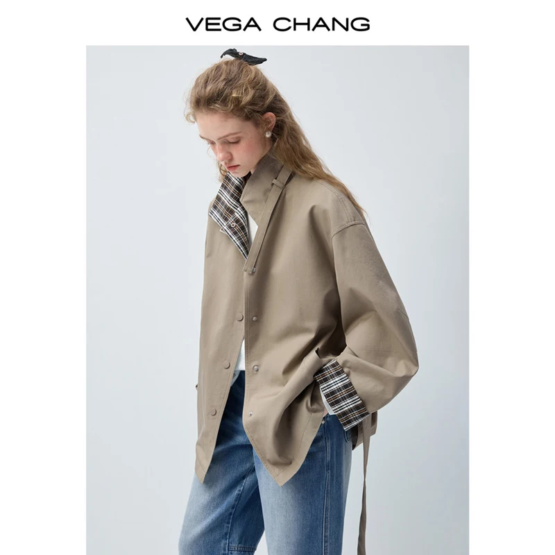 معطف نسائي قصير من Vega Chang للربيع والخريف مصنوع منقوش عليه ألوان فضفاض على الطراز البريطاني