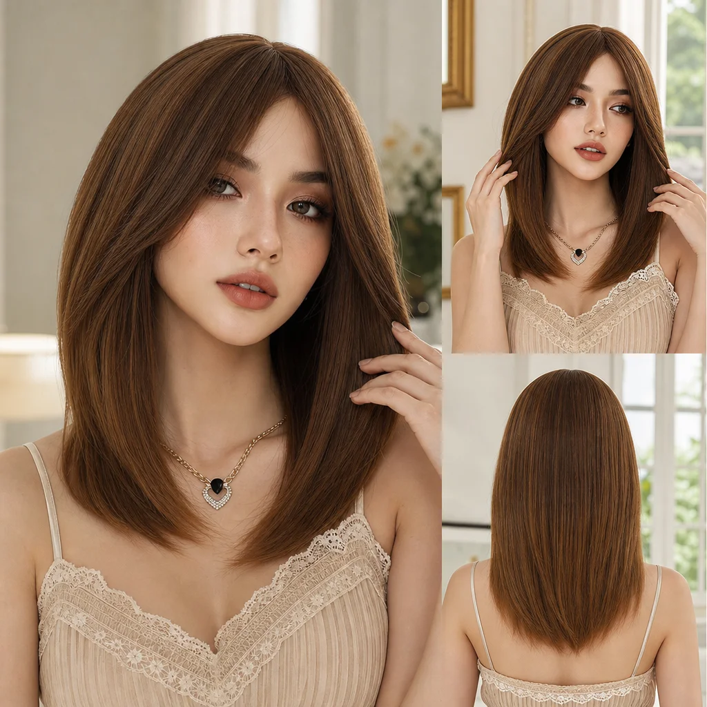 Medium Brown Straight Bob Synthetic Wigs for Women, Middle Part Shoulder Length Heat Resistant Fiber Wig Daily Party Cos Use