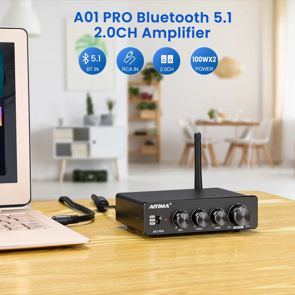 A01 PRO BT TPA3116 Power Amplifier Audio 2.0 Channel Stereo Amp RCA Adjustable Bass Midrange And Treble 100Wx2