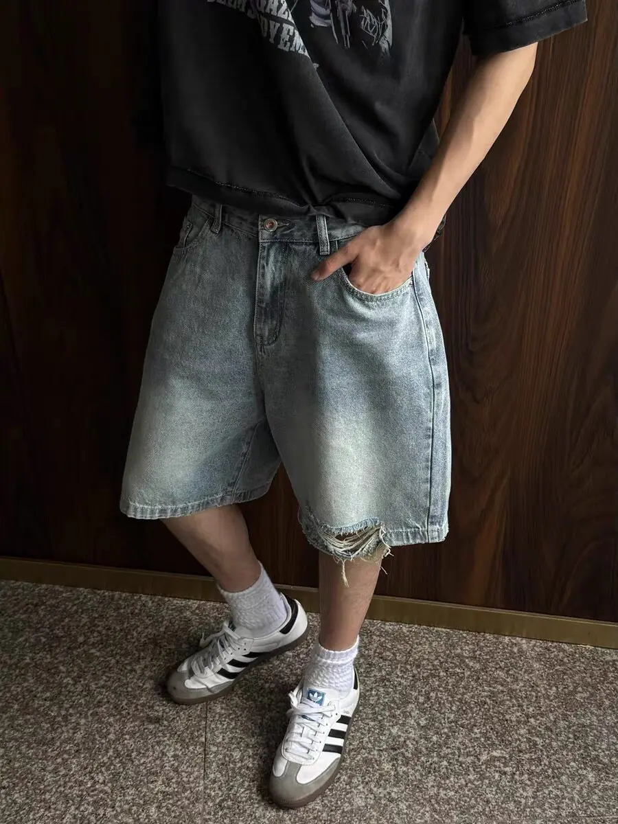 

Retro American Washed Handmade Hole Jeans Shorts Men Summer Casual Loose Five-Quarter Middle Pants Straight Leg Loose Fit