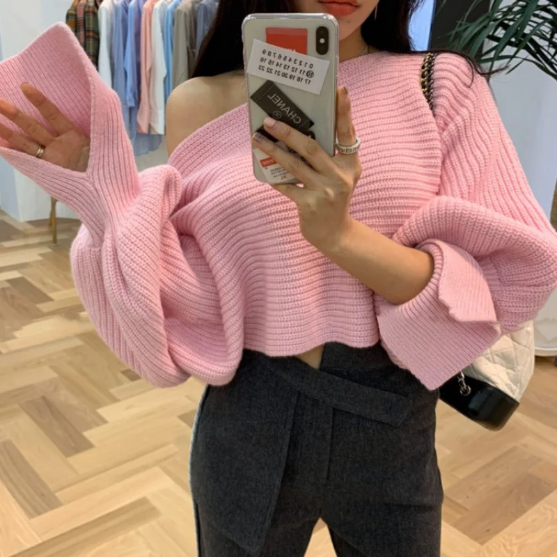 

Autumn Thick Women Knitted Sweater Pullover Winter Slash Neck Women Cropped Sweaters Off Shoulder Lantern Sleeve Tops Pull 24135