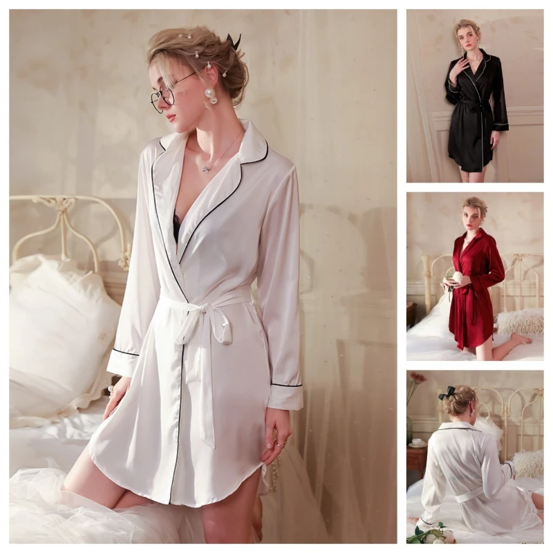 2026 Hot Selling Retro Satin Lapel Tie Elegant Mid to Long Home Sleepwear for Women