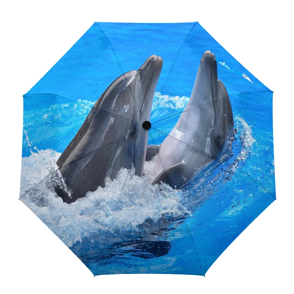 Dolphin Cute Sea Splash Summer Umbrella for Outdoor Fully-automatic Folding Eight Strands Umbrellas for Kids Printed Umbrella