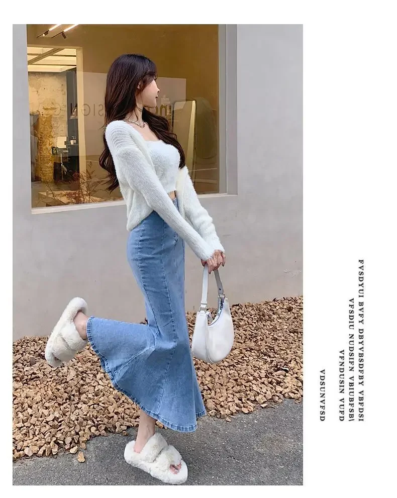 2026 Solid Slimming High Waist Midi A- Line Skirt Woman Trumpet Sides for Women Denim Half-length Skirt with Flounce