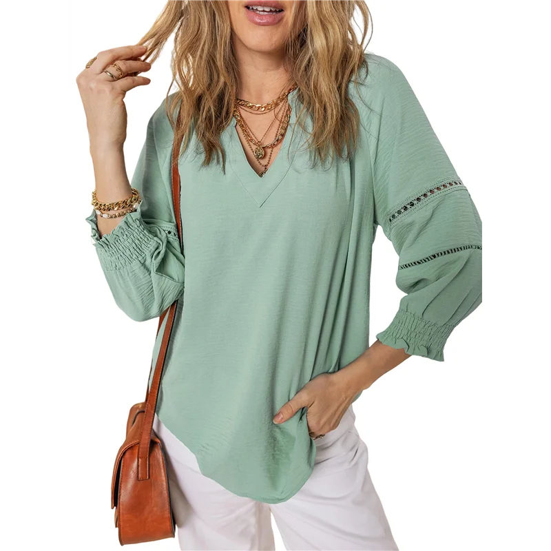 

AG-Womens 3/4 Sleeve Tops Pleated Business Casual Outifits V Neck Blouses Office Loose Shirts