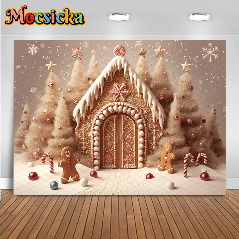 Mocsicka クリスマスハウス背景写真撮影ツリーパーティーベビー写真背景ベージュ壁紙スノーフレークキャンディ装飾バナー