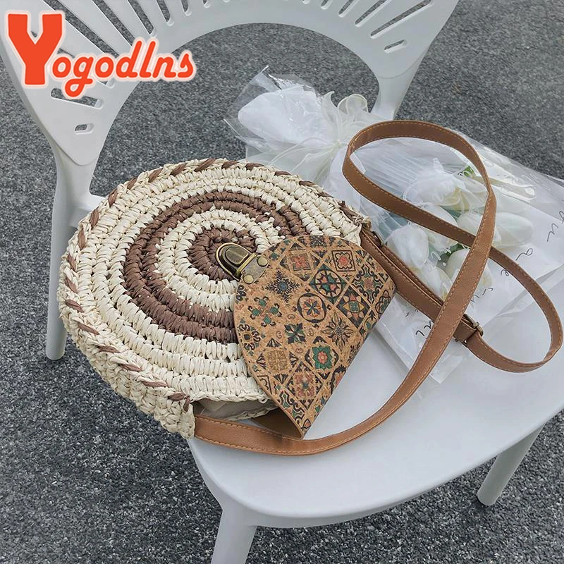 Round Straw Beach Bag Vintage Handmade Woven Shoulder Bags Raffia Circle Rattan Bohemian Summer Vacation Diagonal Pack