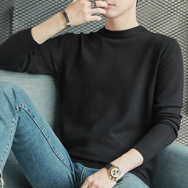 

Мужской вязаный свитер, весна-осень, тонкий полувысокий воротник, чистый цвет, круглый пуловер, дышащий повседневный трикотаж