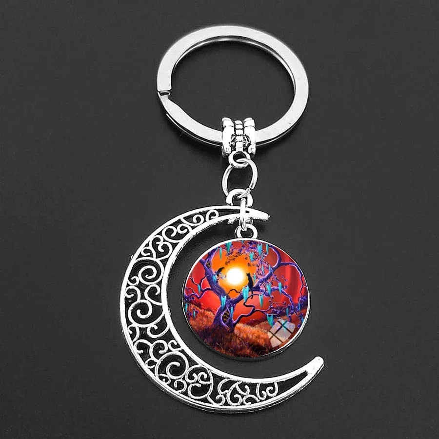 Cute Anime Cat Under Night Sky Keychain with Cat Pendent Fashion Animal Women Purse Bag Car Pendant Key Chain Ring Holder