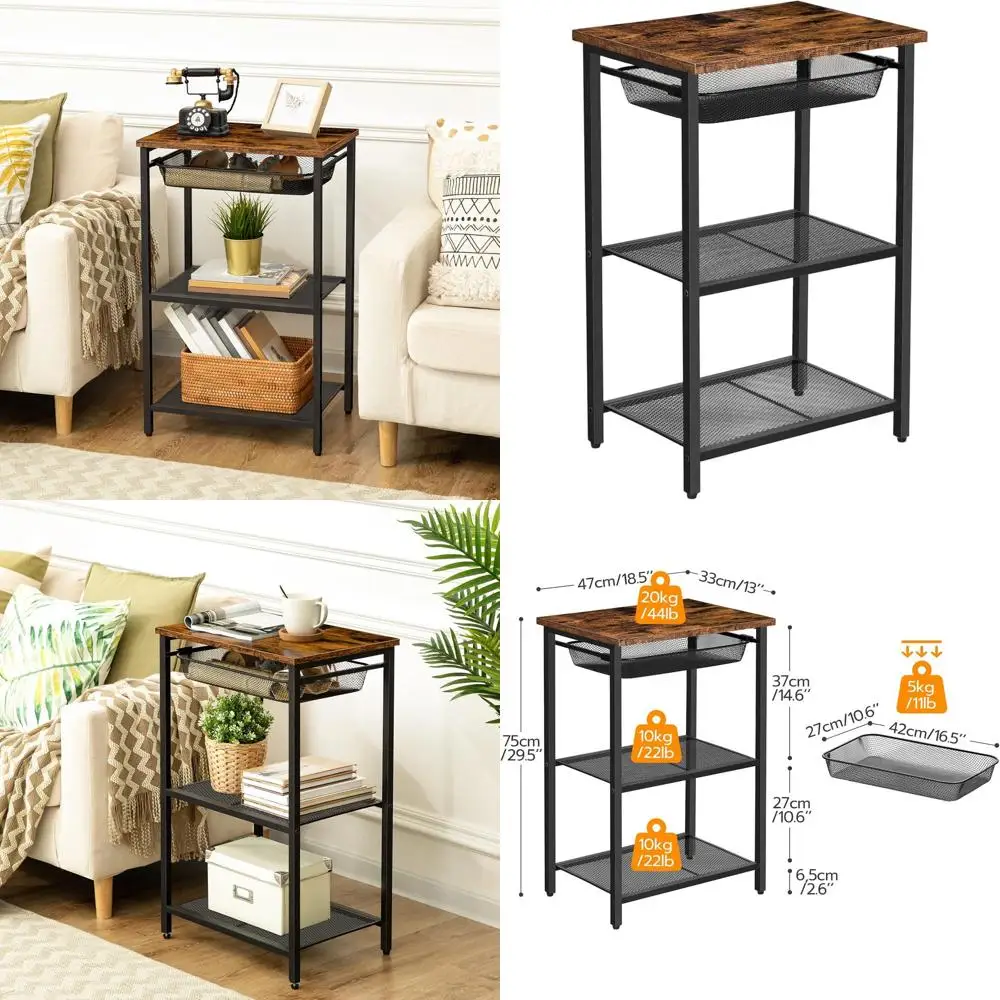

Industrial Style Tall End Table with Metal Basket, Storage Shelf for Living Spaces, Easy Assembly, Rustic Brown