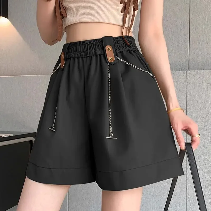 Women's Clothing Fashion Spliced Chain Solid Color Loose Shorts Basic Wide Leg A-Line Casual Shorts Summer High Waist Elastic