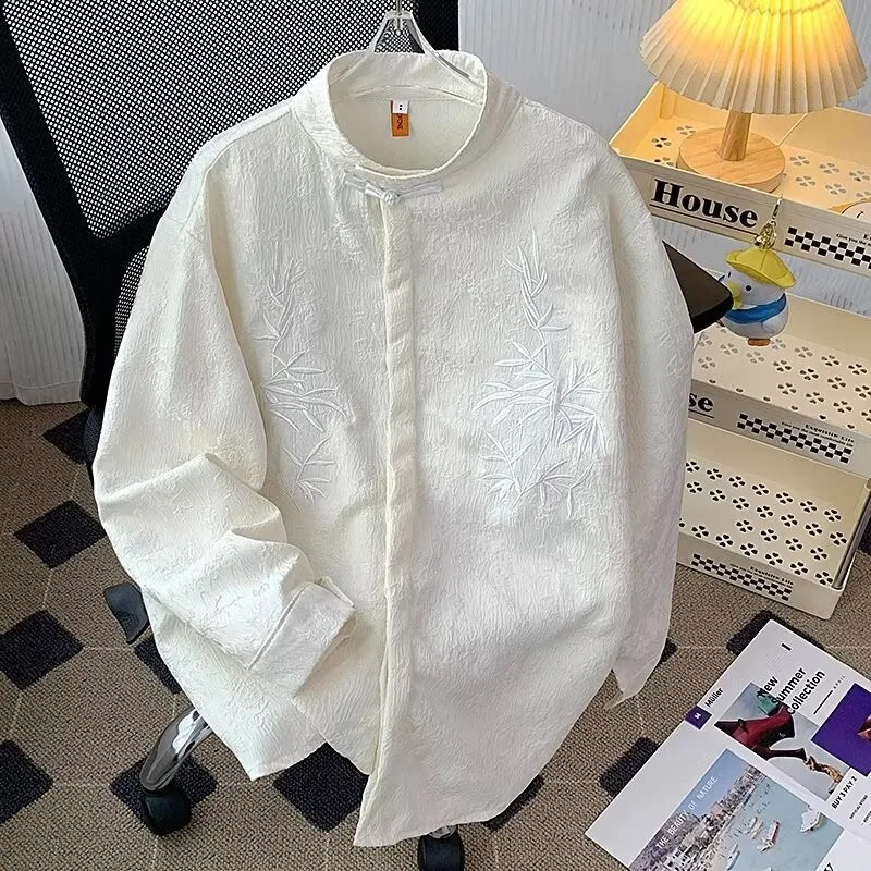 New Chinese Style Long Sleeve Shirt Casual Men Women Spring Autumn Vintage Plant Floral Pattern Zhongshan Coat Jacket