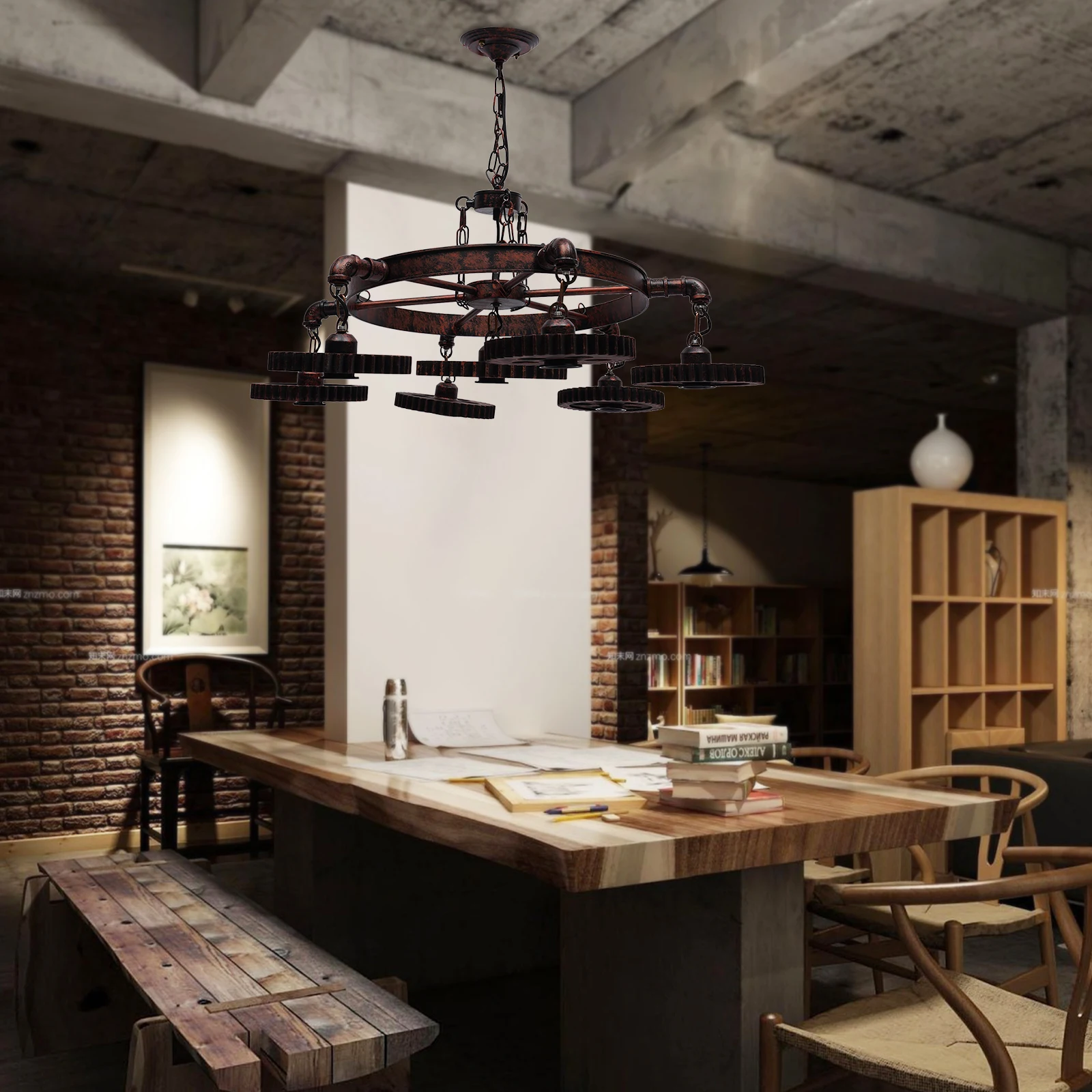 ثريا حديدية دائرية صناعية عتيقة كلاسيكية - مصباح معلق للسقف مقاوم للصدأ بـ 7 أضواء، ارتفاع قابل للتعديل (حتى 19.69 بوصة)