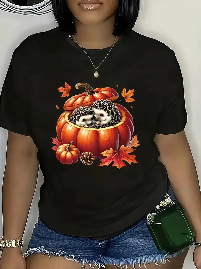 Cotton 100% European and American Pumpkin Printed Round-neck Short-sleeved Women's Top Fashionable Base Layer Aesthetic  Summer