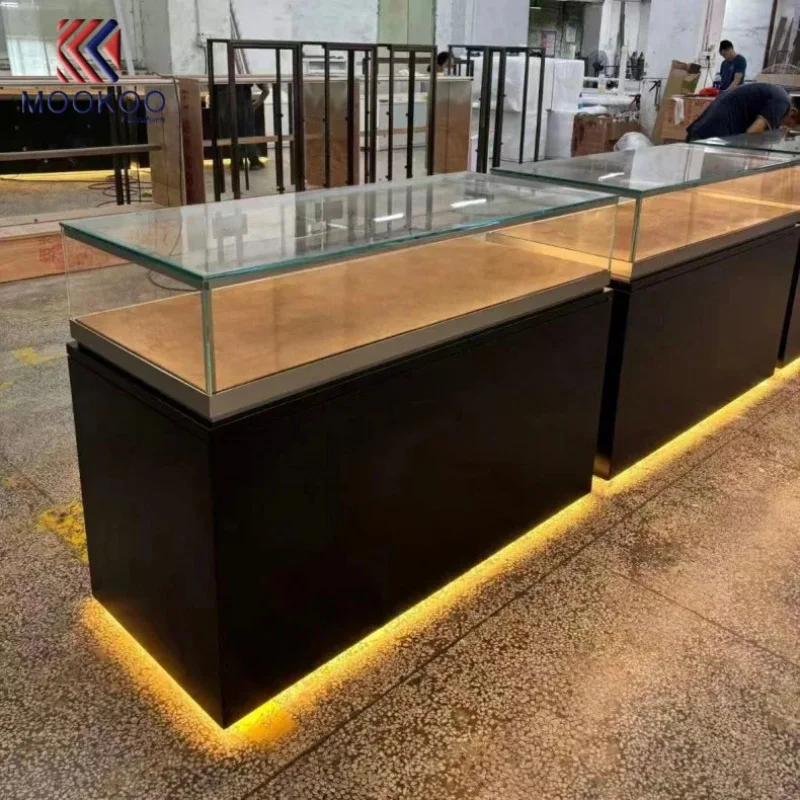 custom.Mookoo Black High-Gloss Jewelry Display with Tempered Glass & Warm LED Lighting Retail Store Showcase