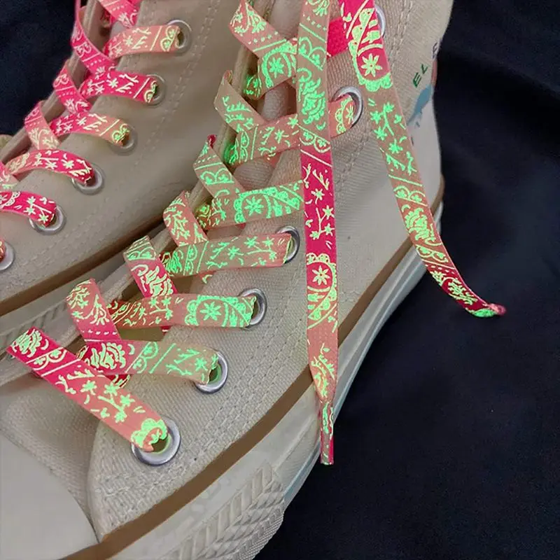 Fluorescent Shoelaces Glow in the Dark Cashew Flower Pattern Gradient Wide Flat Shoe laces for Sneakers Boot Strings Shoelace