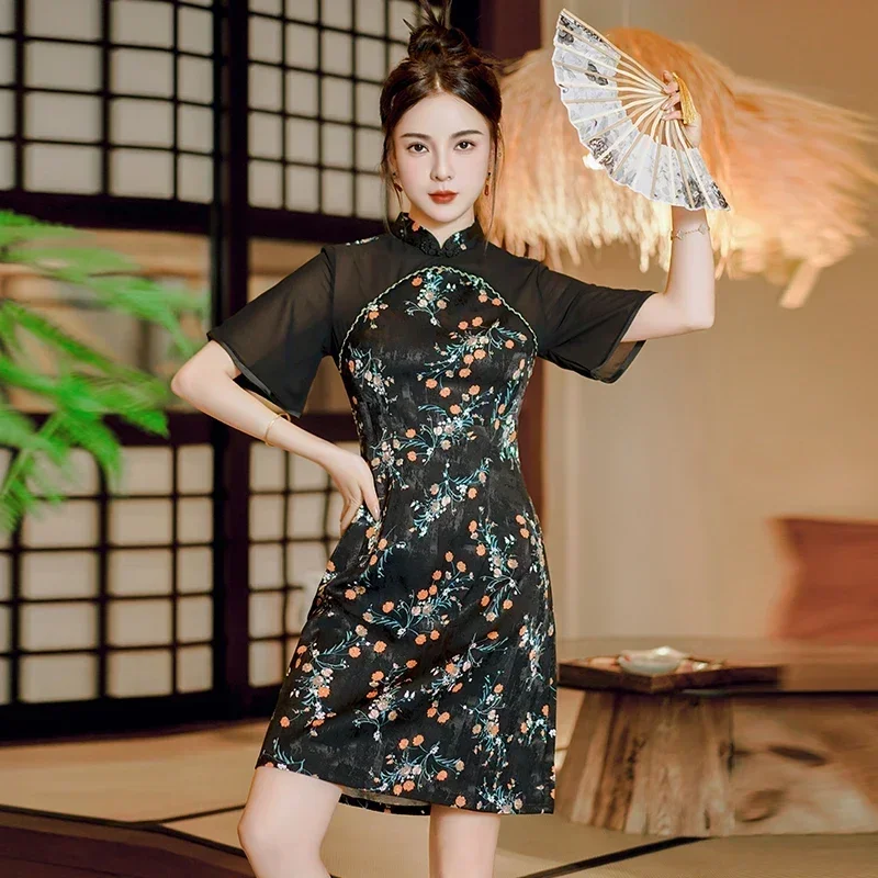 

Modern Improved New Traditional Chinese Short Sleeve Cheongsam Sexy Black Floral Stitching Qipao Dress