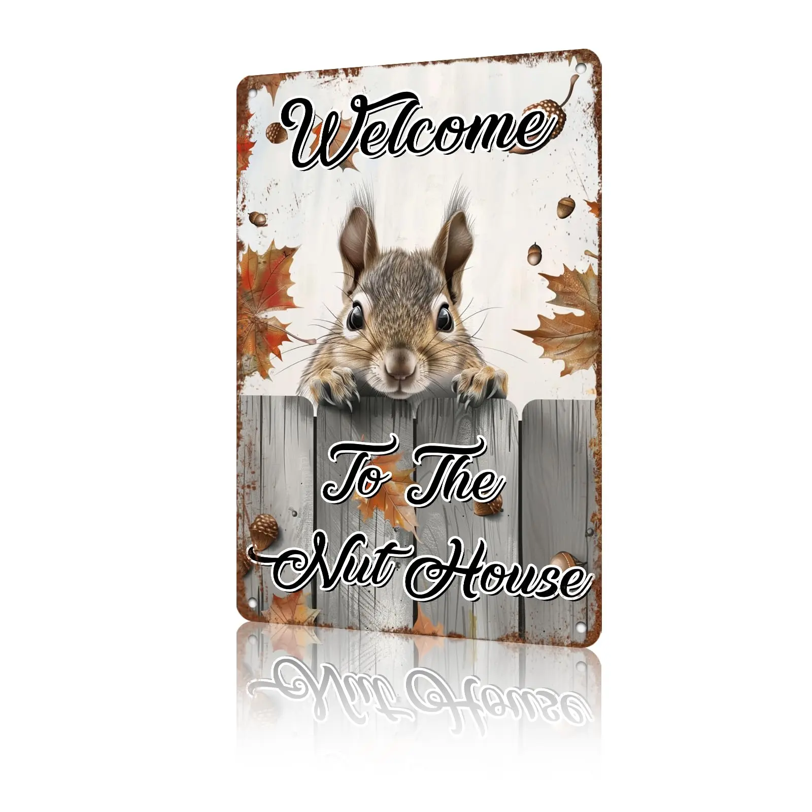 Panneau de bienvenue en metal، écureuil mignon، decor d'automne، jardin، bienvenue dans la maison des noix، decoration extéri #1