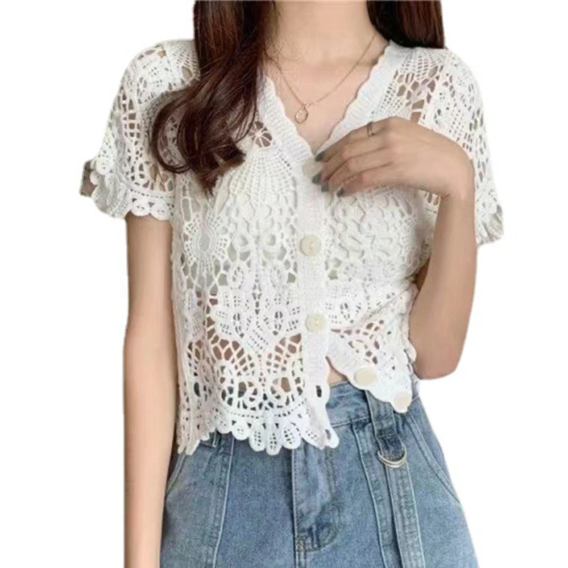 Women French Style Short Sleeve Lace Shrug Hollow Out Crochet Knit Bolero Cardigan V-Neck Button Down Sheer Crop Jacket