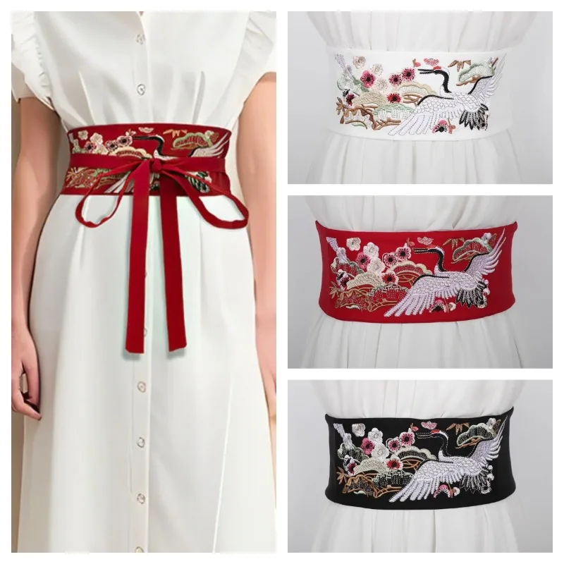 Women Crane Embroidered Wide Waist Belt Self Tie Wrap Sash Straps Dress Kimono Obi Waist Belts Antique Hanfu Accessories