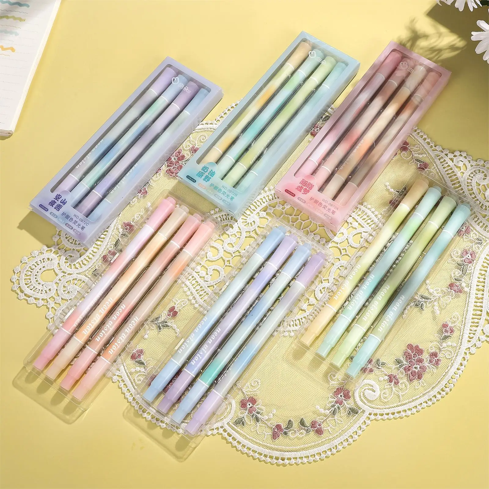 4 Pcs/set Macaron Color Colorful Double-ended Highlighter Set Marker Pen Creative DIY Journal Student Supplies Stationery