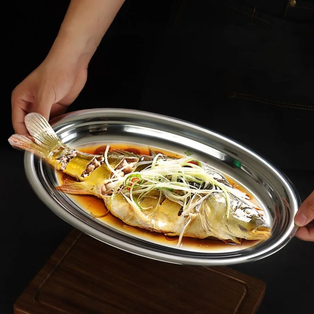 

Stainless Steel Elliptical Steamed Fish Plate Gold/Silver Korean Style Barbecue Dish Lagre Capacity Snack Tray Fried Chips