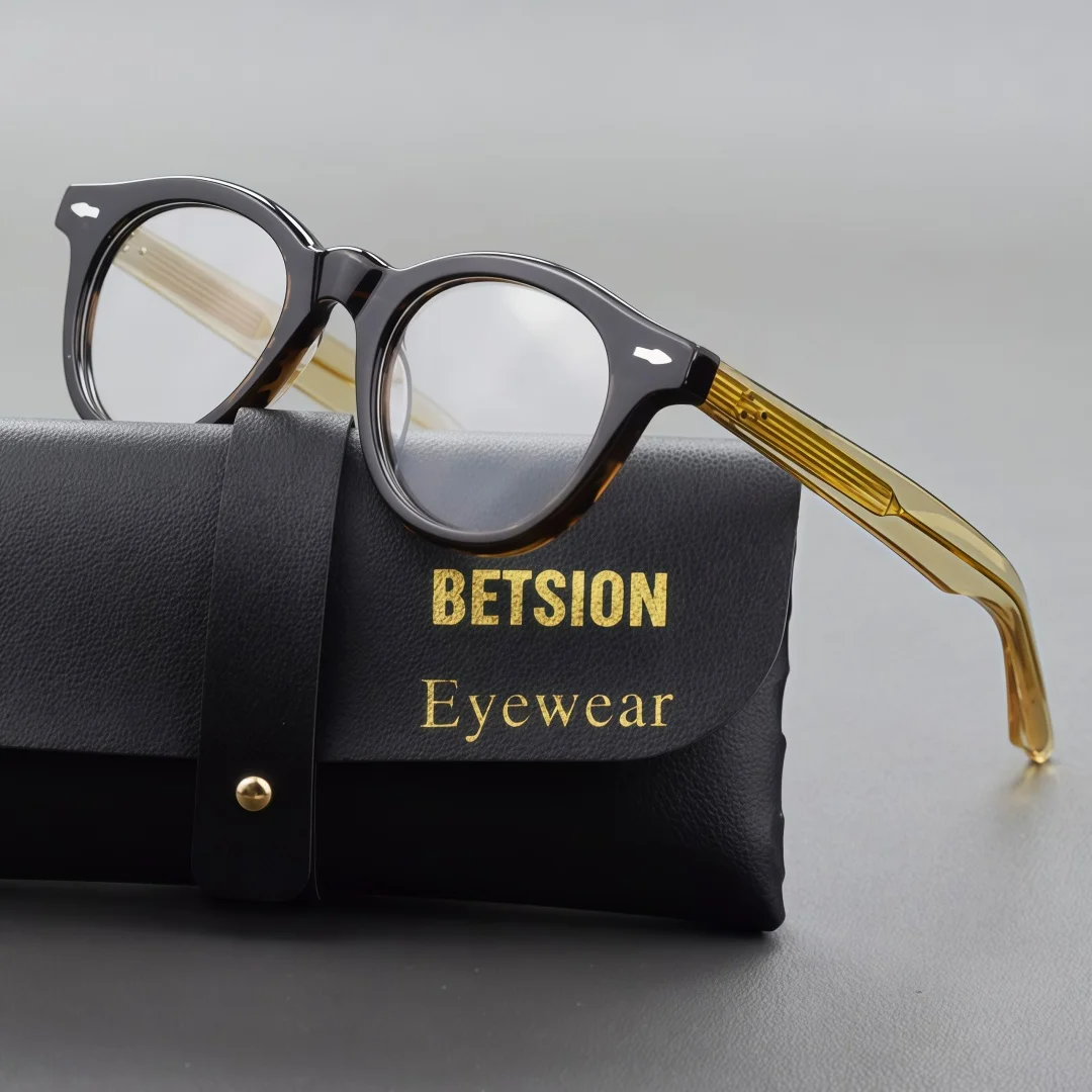 

BETSION Retro Round Eyeglasses Frame Acetate Vintage Black Orange Spectacles Fashion Eyewear Men Women #23052