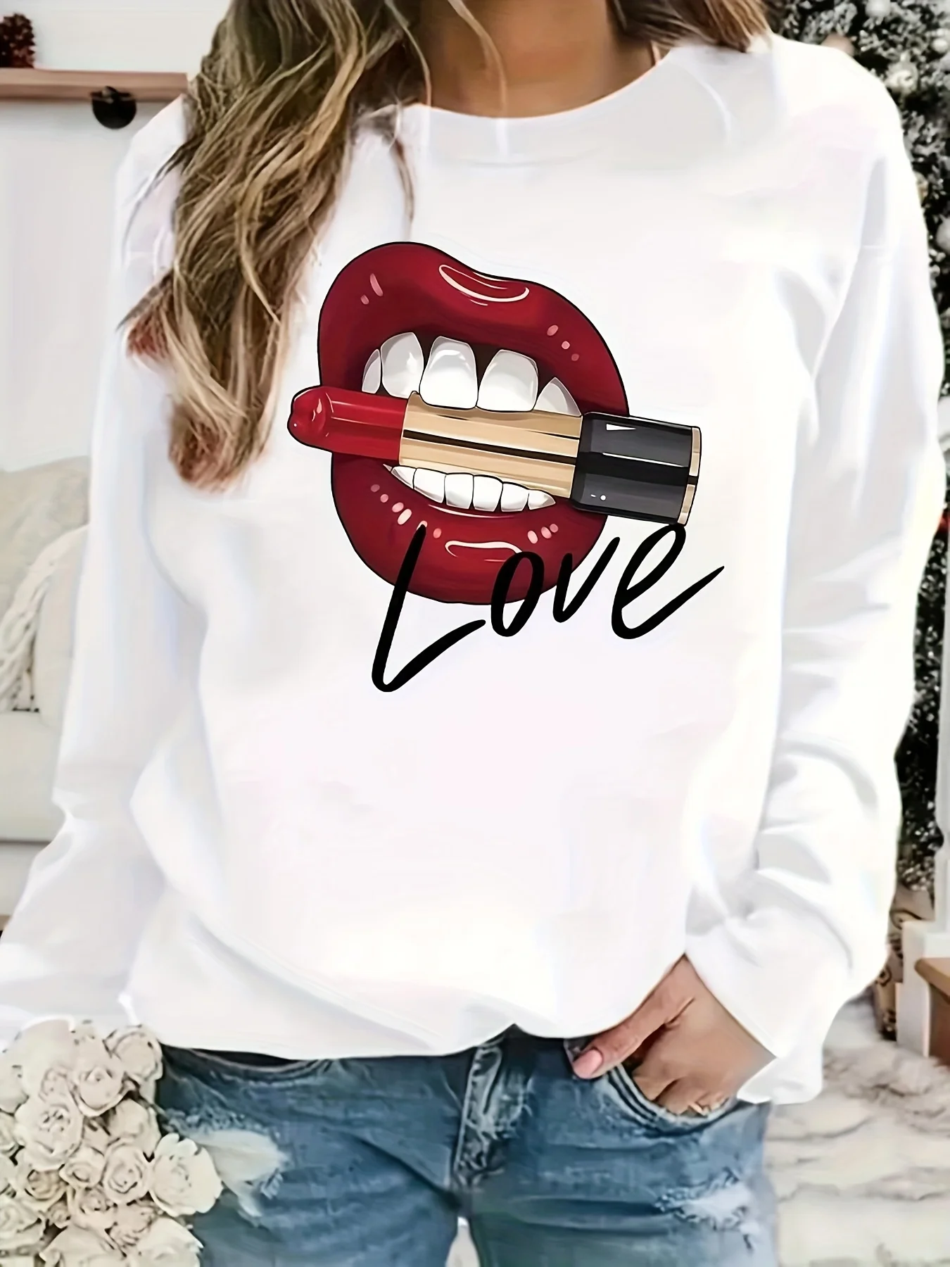 

Elegant Red Lips Lipstick Graphic Printing Autumn and Winter Cotton Men's and Women's Sweatshirts Outdoor Sports Leisure Fashion