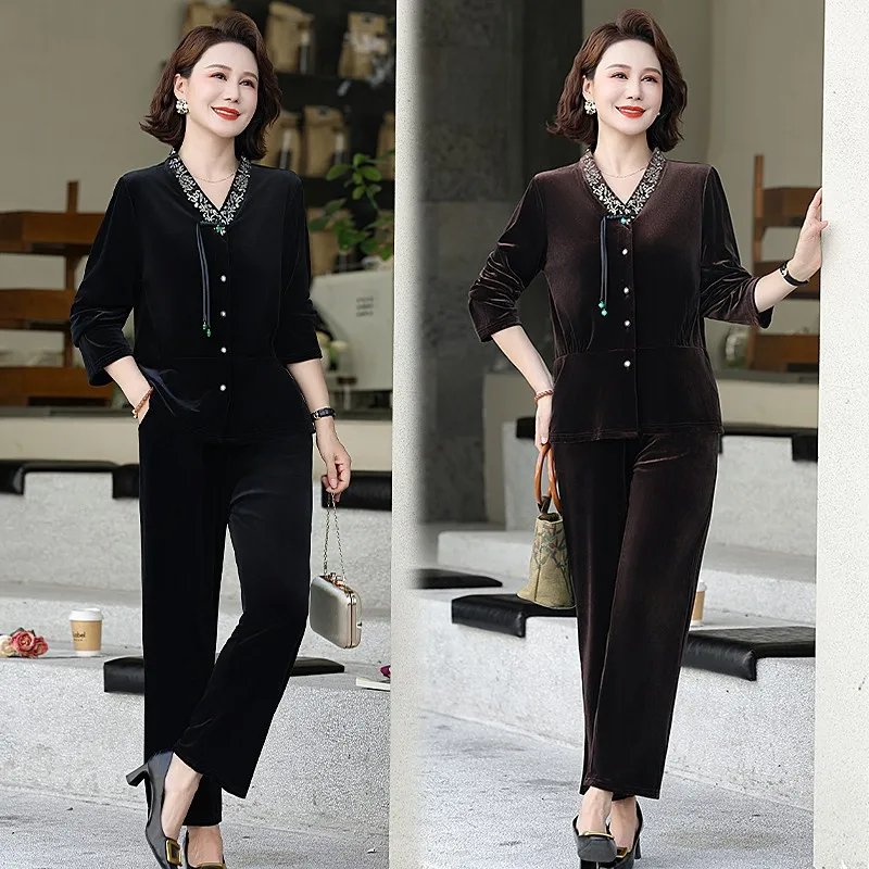 

Summer 2 Piece Outfit Set Women Clothes Elegant Vintage Middle Age Women's Suit Golden Velvet High Waist Pant Sets